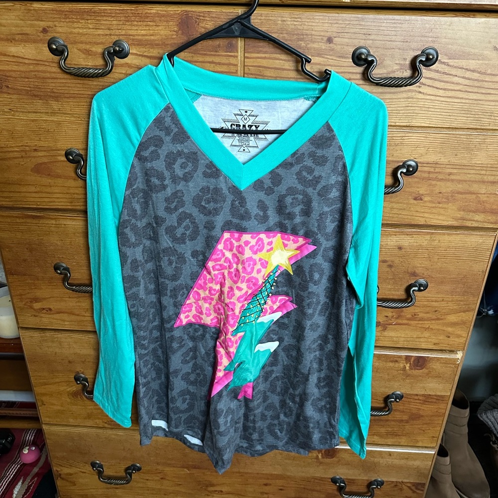 Crazy Train Teal and Gray Graphic Top